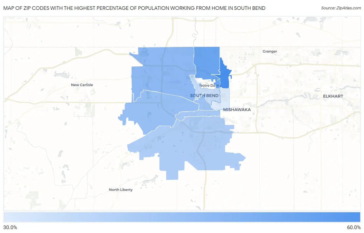 Zip Codes with the Highest Percentage of Population Working from Home in South Bend Map