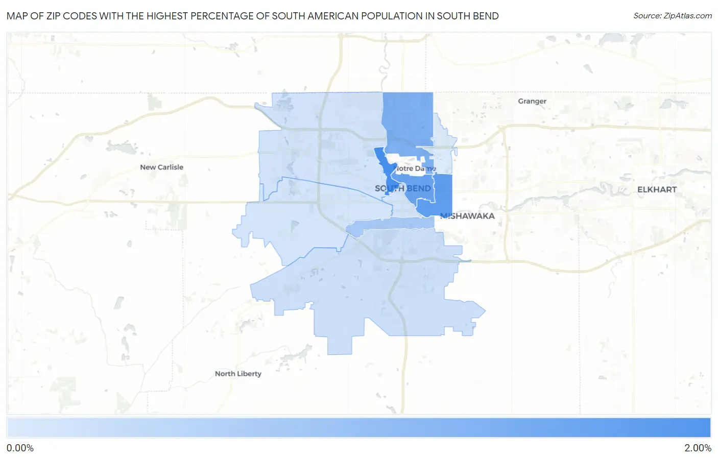 Zip Codes with the Highest Percentage of South American Population in South Bend Map