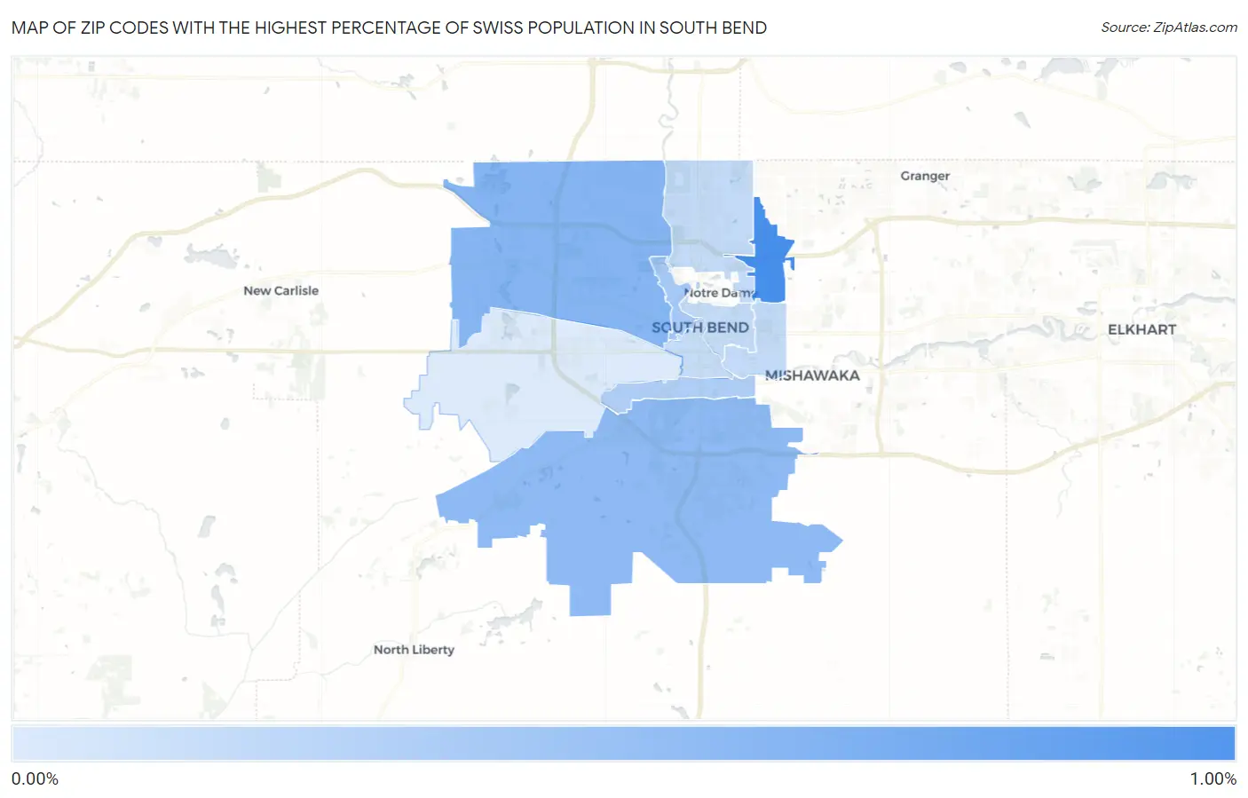 Zip Codes with the Highest Percentage of Swiss Population in South Bend Map