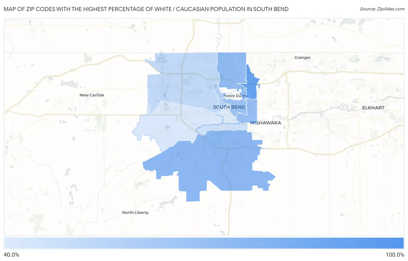 Zip Codes with the Highest Percentage of White / Caucasian Population in South Bend Map