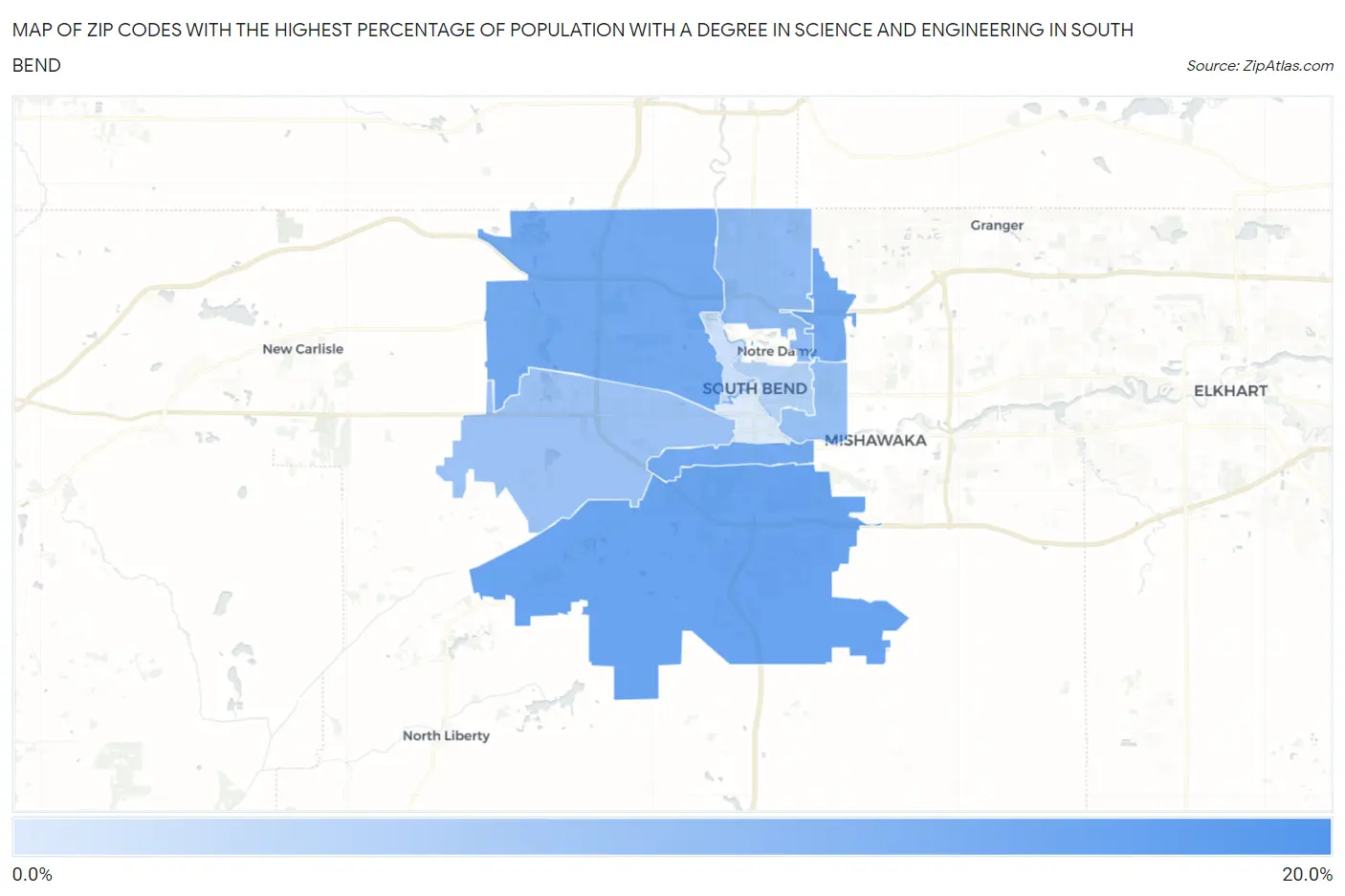 Zip Codes with the Highest Percentage of Population with a Degree in Science and Engineering in South Bend Map