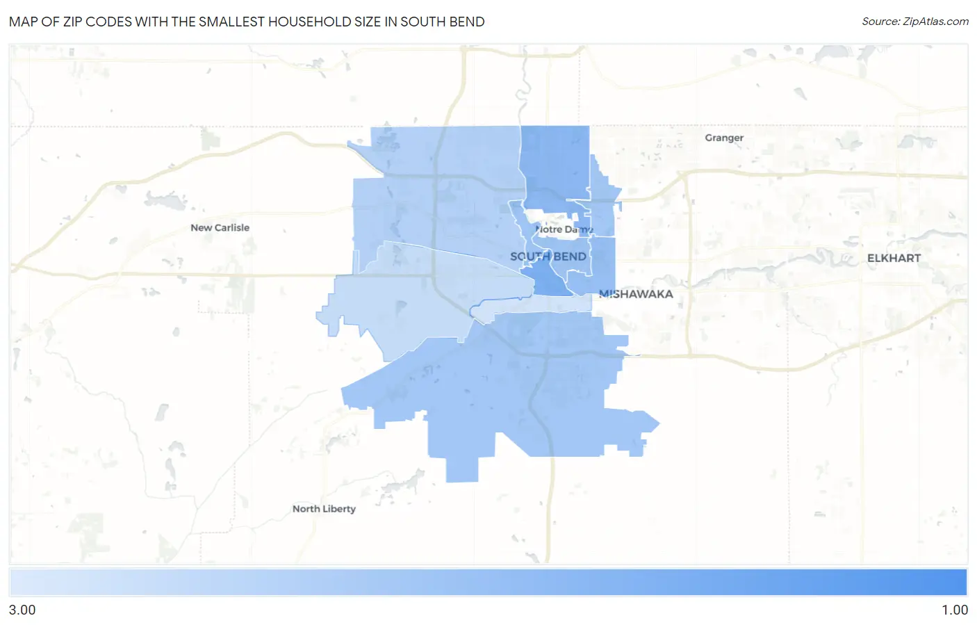 Zip Codes with the Smallest Household Size in South Bend Map