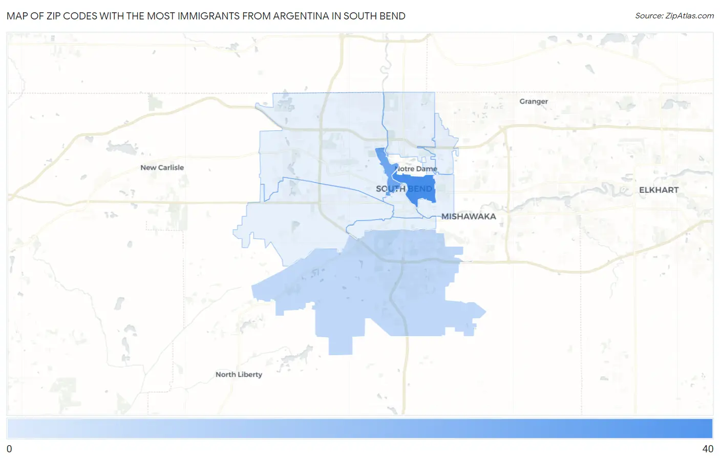 Zip Codes with the Most Immigrants from Argentina in South Bend Map