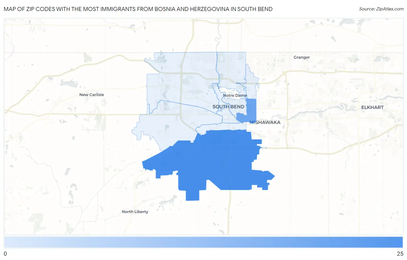 Zip Codes with the Most Immigrants from Bosnia and Herzegovina in South Bend Map