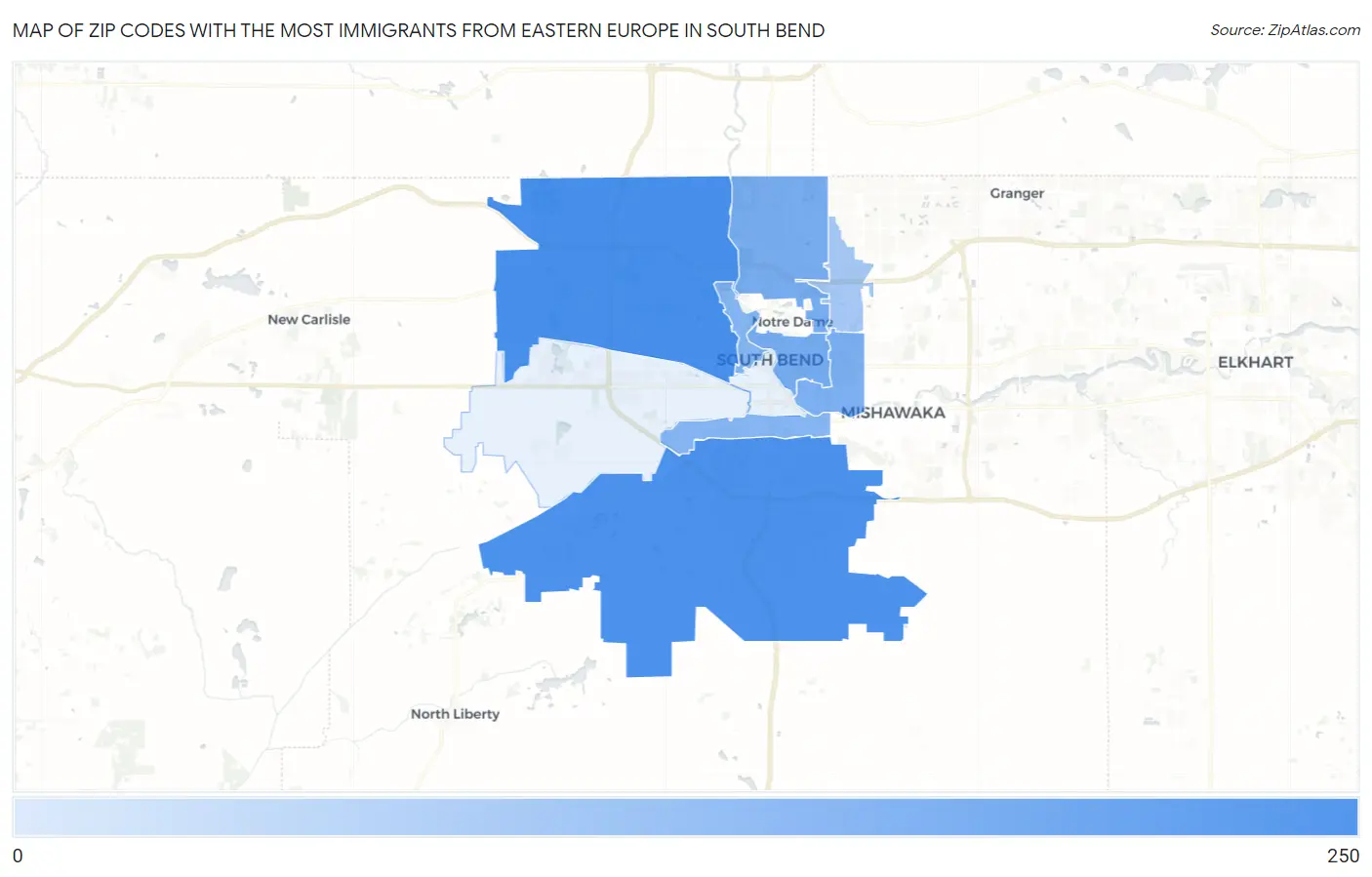Zip Codes with the Most Immigrants from Eastern Europe in South Bend Map