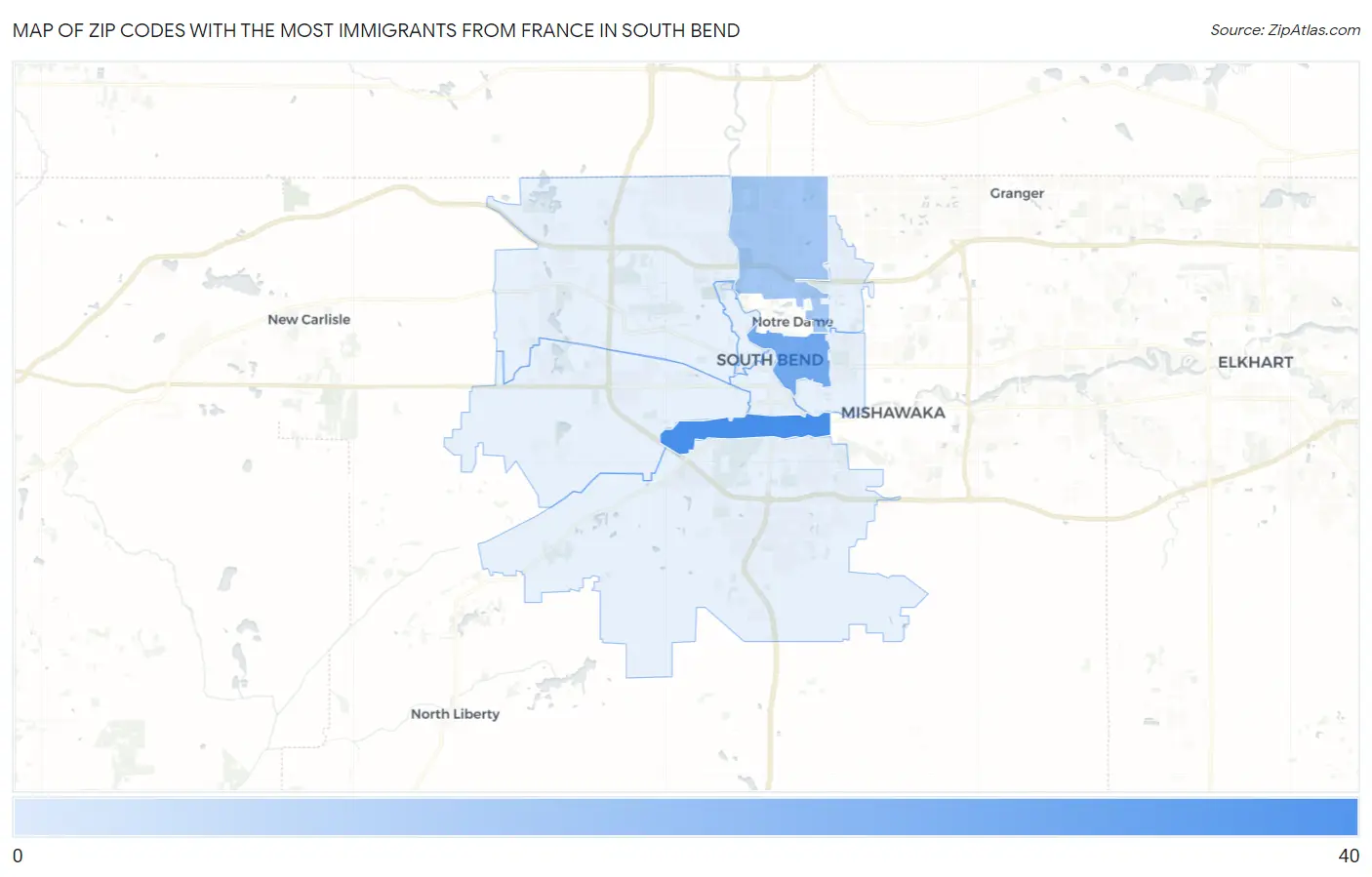 Zip Codes with the Most Immigrants from France in South Bend Map