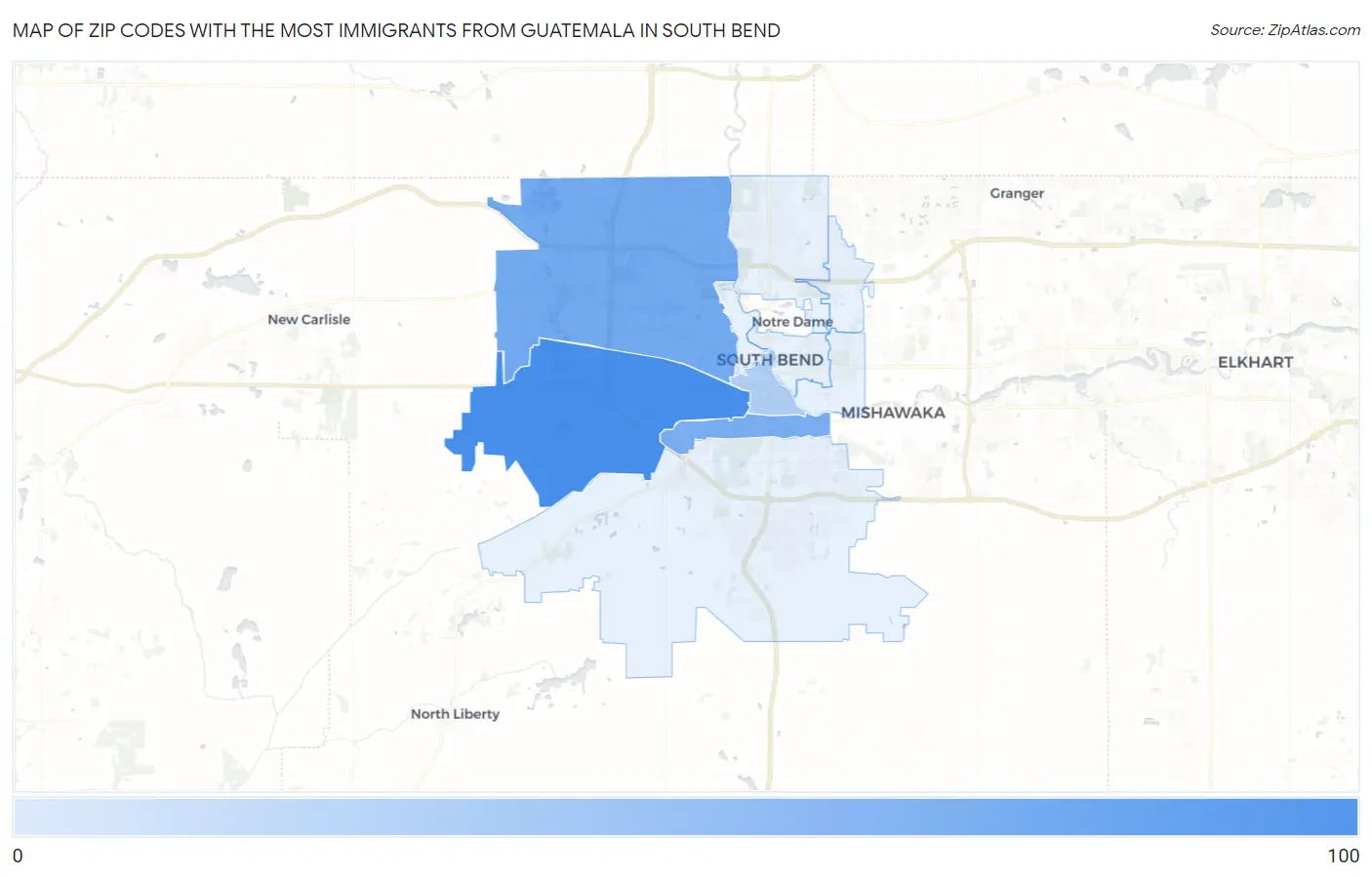 Zip Codes with the Most Immigrants from Guatemala in South Bend Map