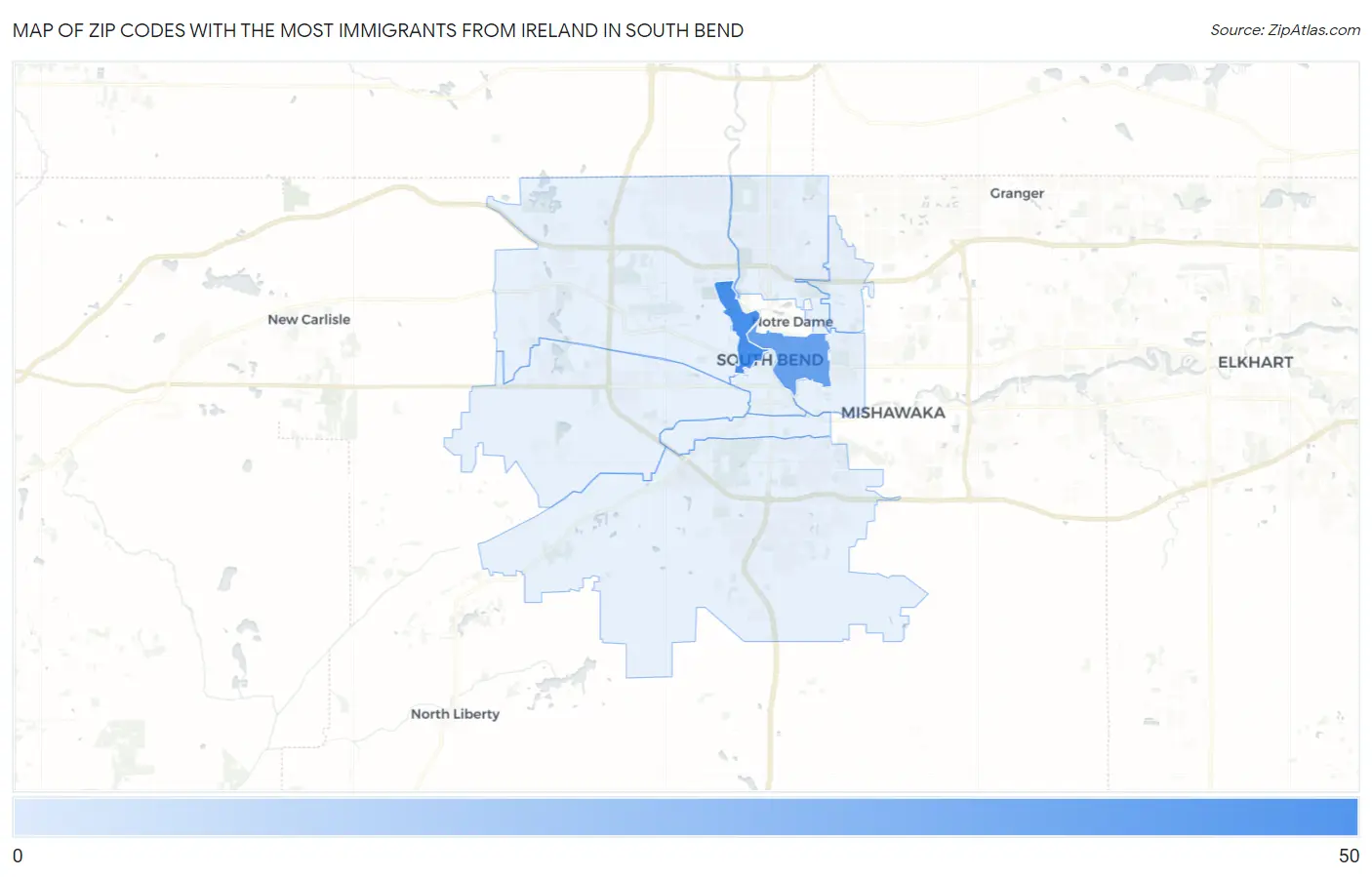 Zip Codes with the Most Immigrants from Ireland in South Bend Map