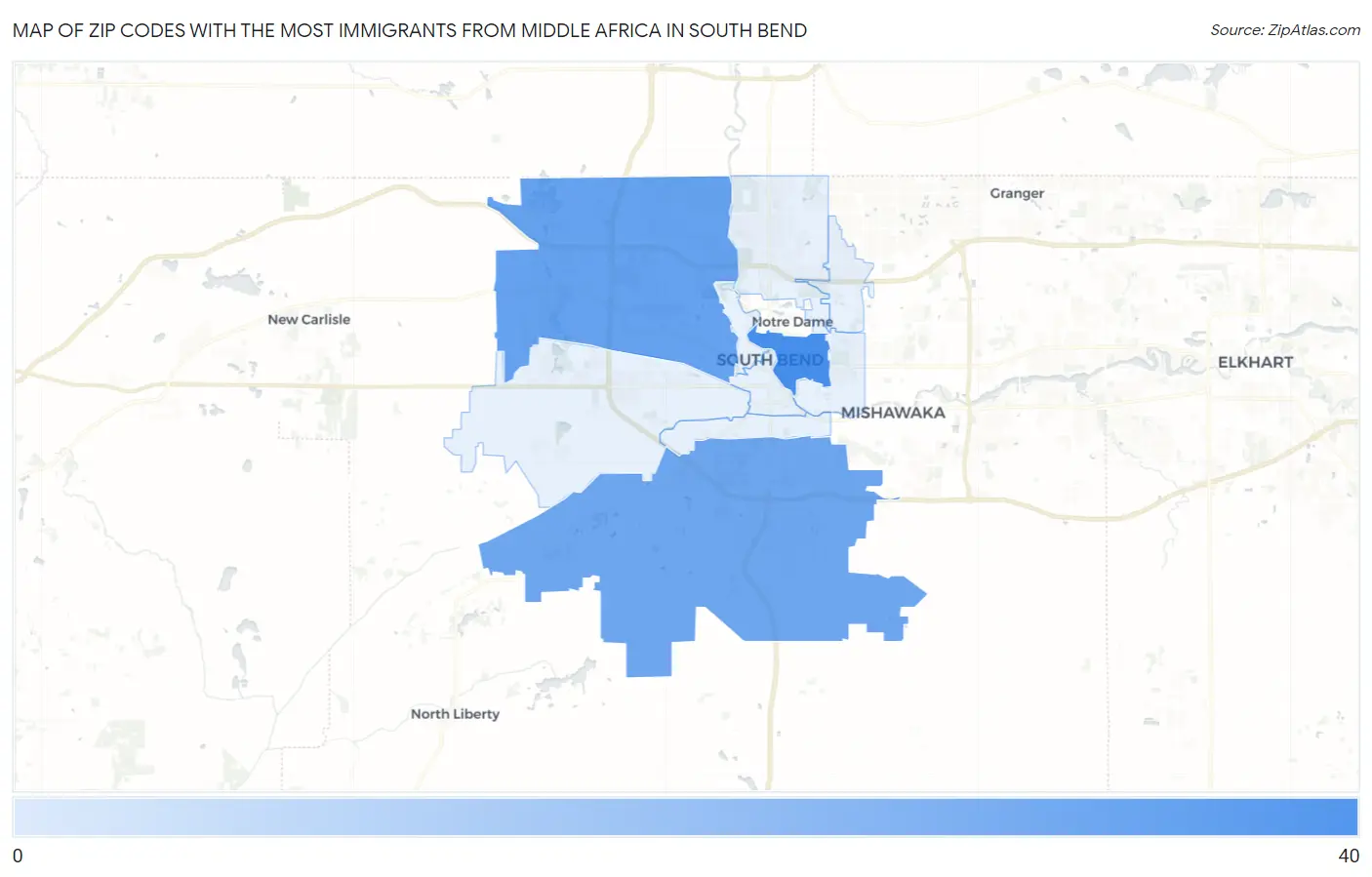 Zip Codes with the Most Immigrants from Middle Africa in South Bend Map