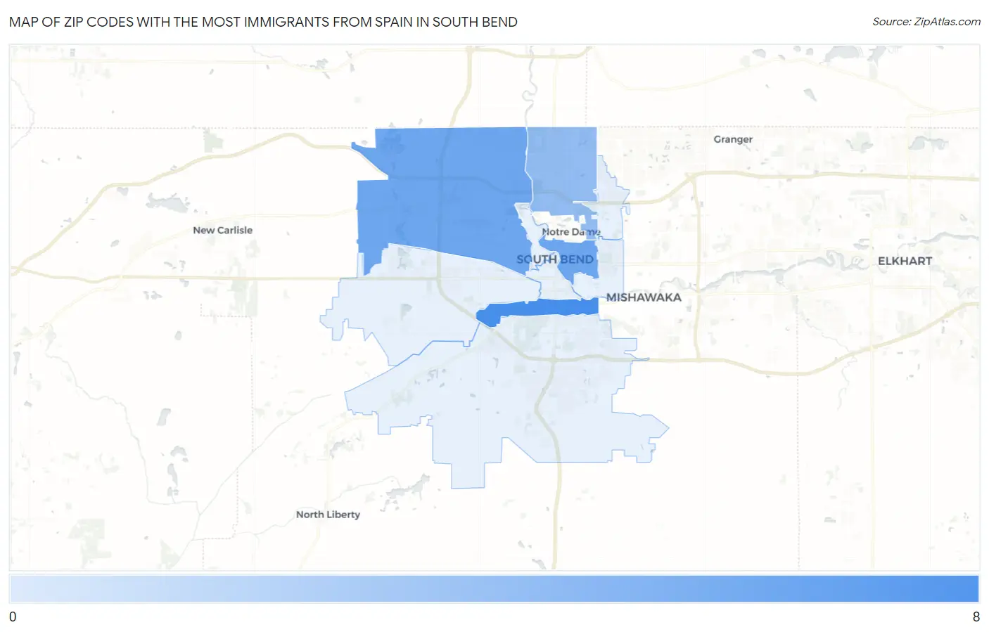 Zip Codes with the Most Immigrants from Spain in South Bend Map