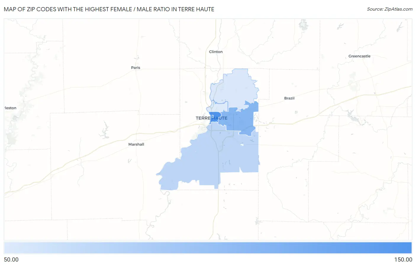 Zip Codes with the Highest Female / Male Ratio in Terre Haute Map