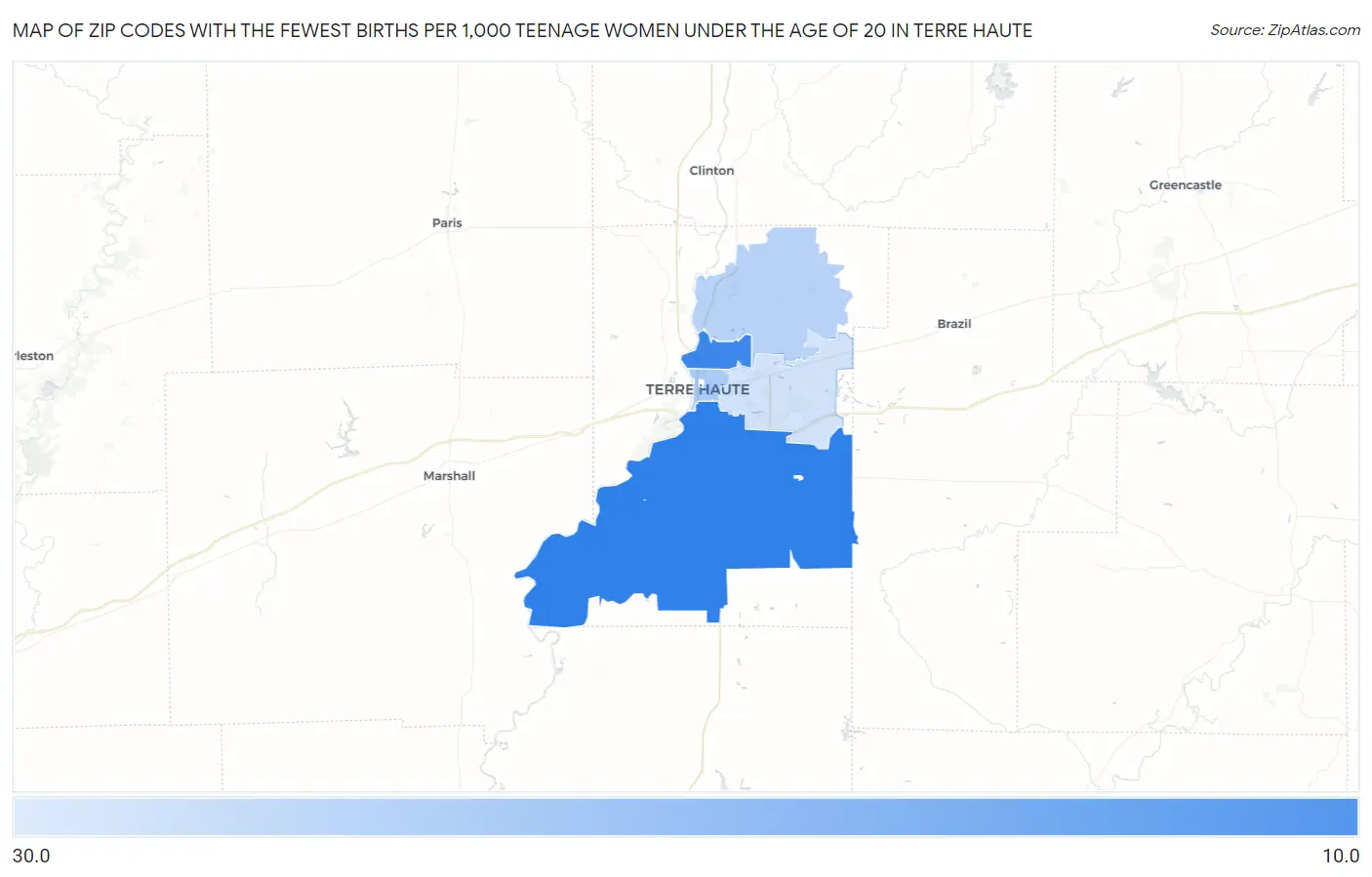 Zip Codes with the Fewest Births per 1,000 Teenage Women Under the Age of 20 in Terre Haute Map