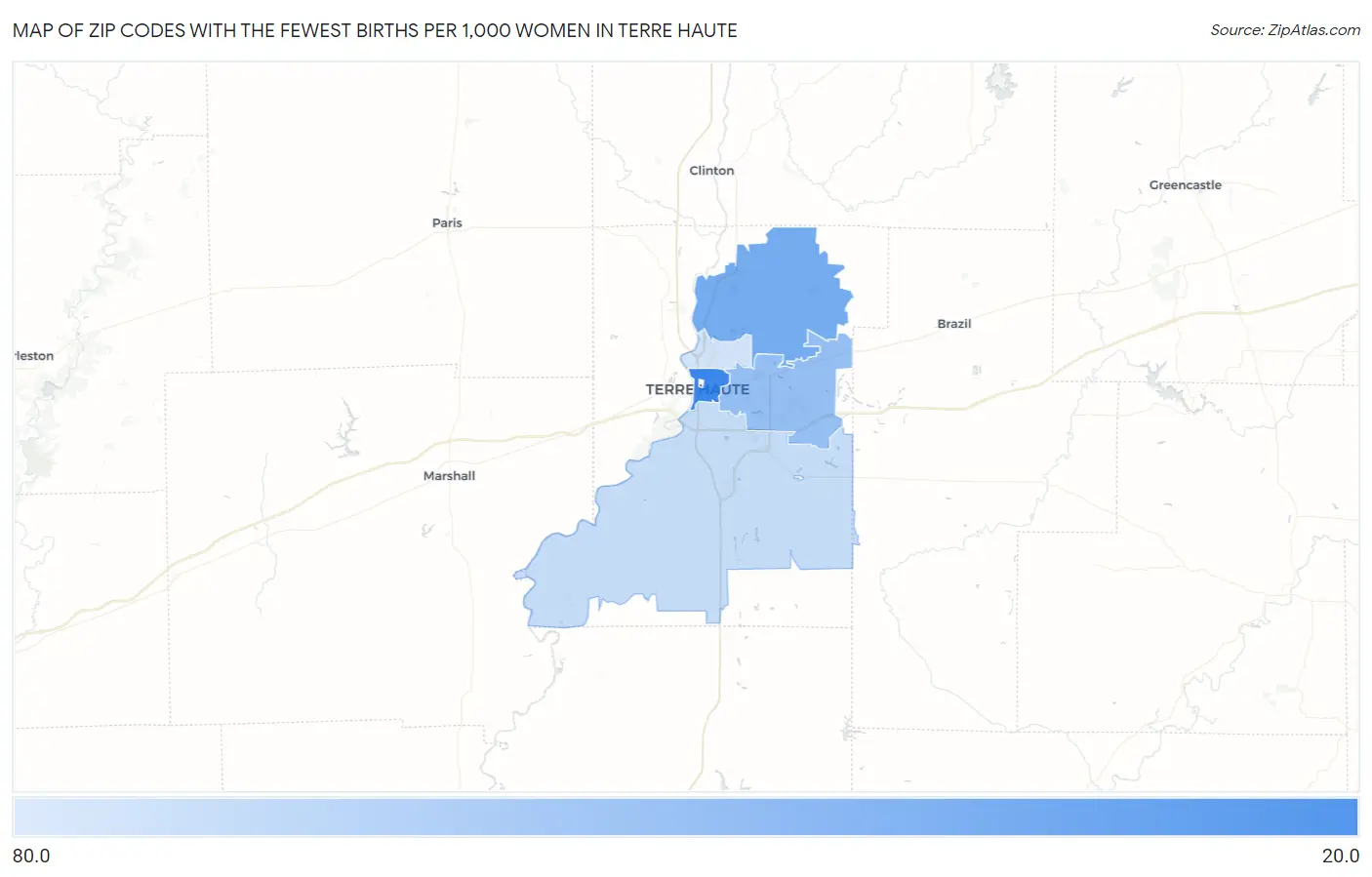 Zip Codes with the Fewest Births per 1,000 Women in Terre Haute Map
