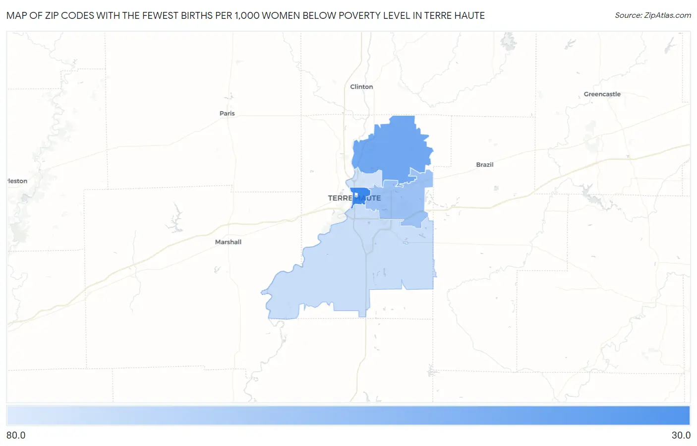 Zip Codes with the Fewest Births per 1,000 Women Below Poverty Level in Terre Haute Map