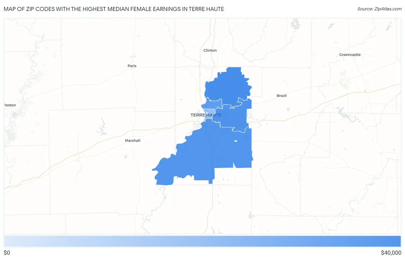 Zip Codes with the Highest Median Female Earnings in Terre Haute Map