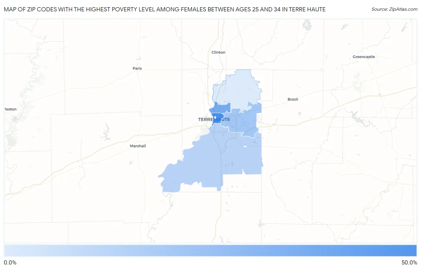 Zip Codes with the Highest Poverty Level Among Females Between Ages 25 and 34 in Terre Haute Map