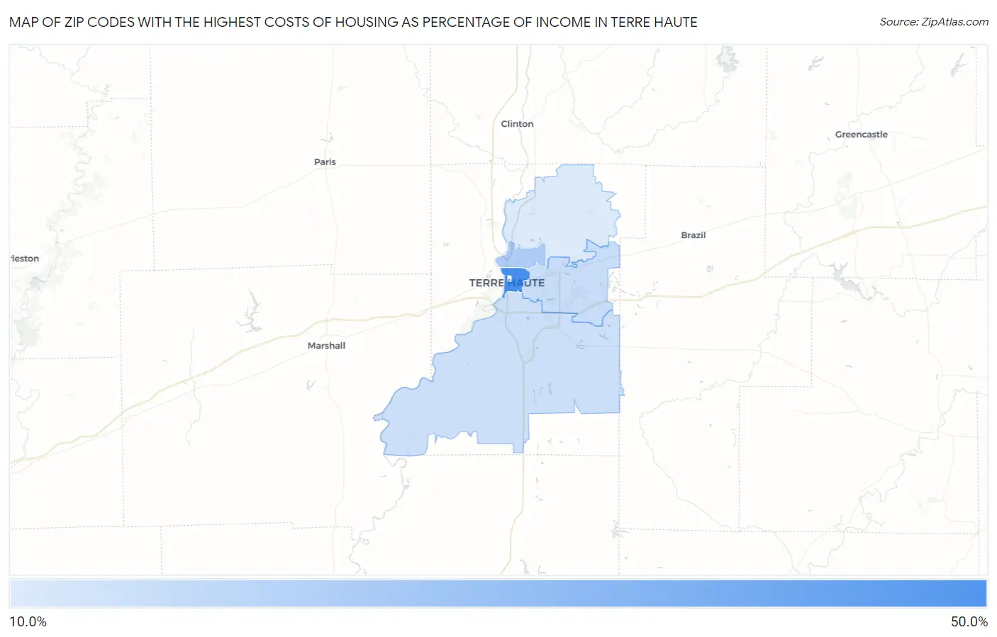 Zip Codes with the Highest Costs of Housing as Percentage of Income in Terre Haute Map