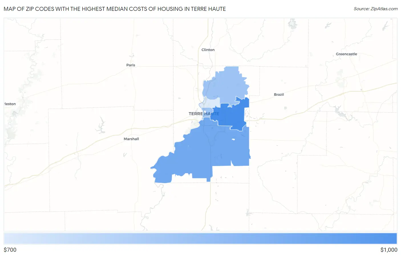 Zip Codes with the Highest Median Costs of Housing in Terre Haute Map
