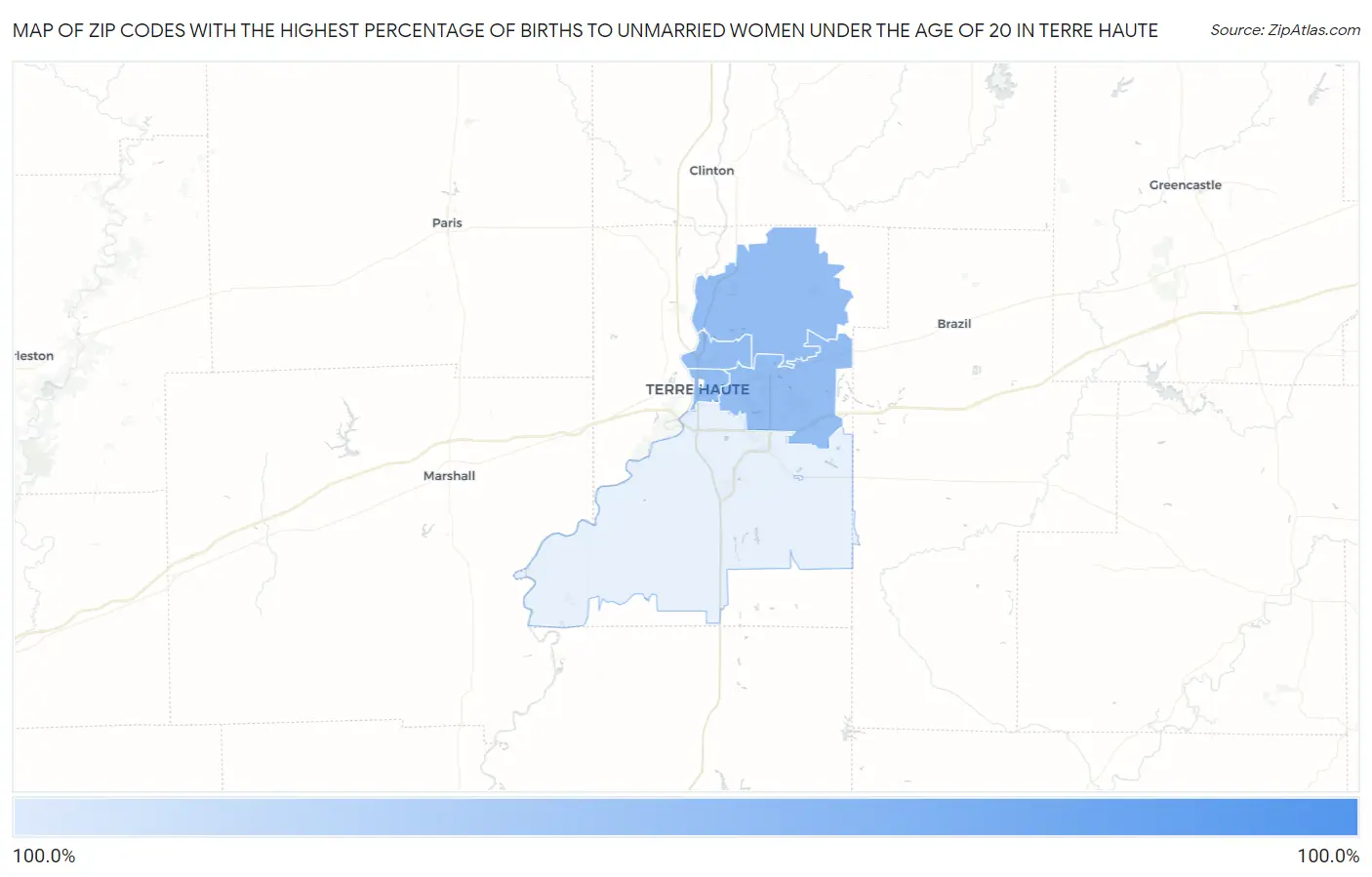 Zip Codes with the Highest Percentage of Births to Unmarried Women under the Age of 20 in Terre Haute Map