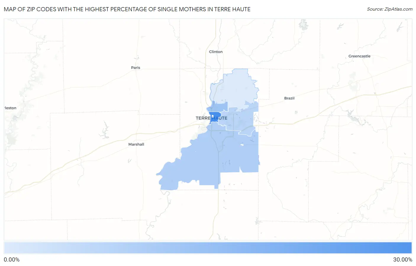 Zip Codes with the Highest Percentage of Single Mothers in Terre Haute Map
