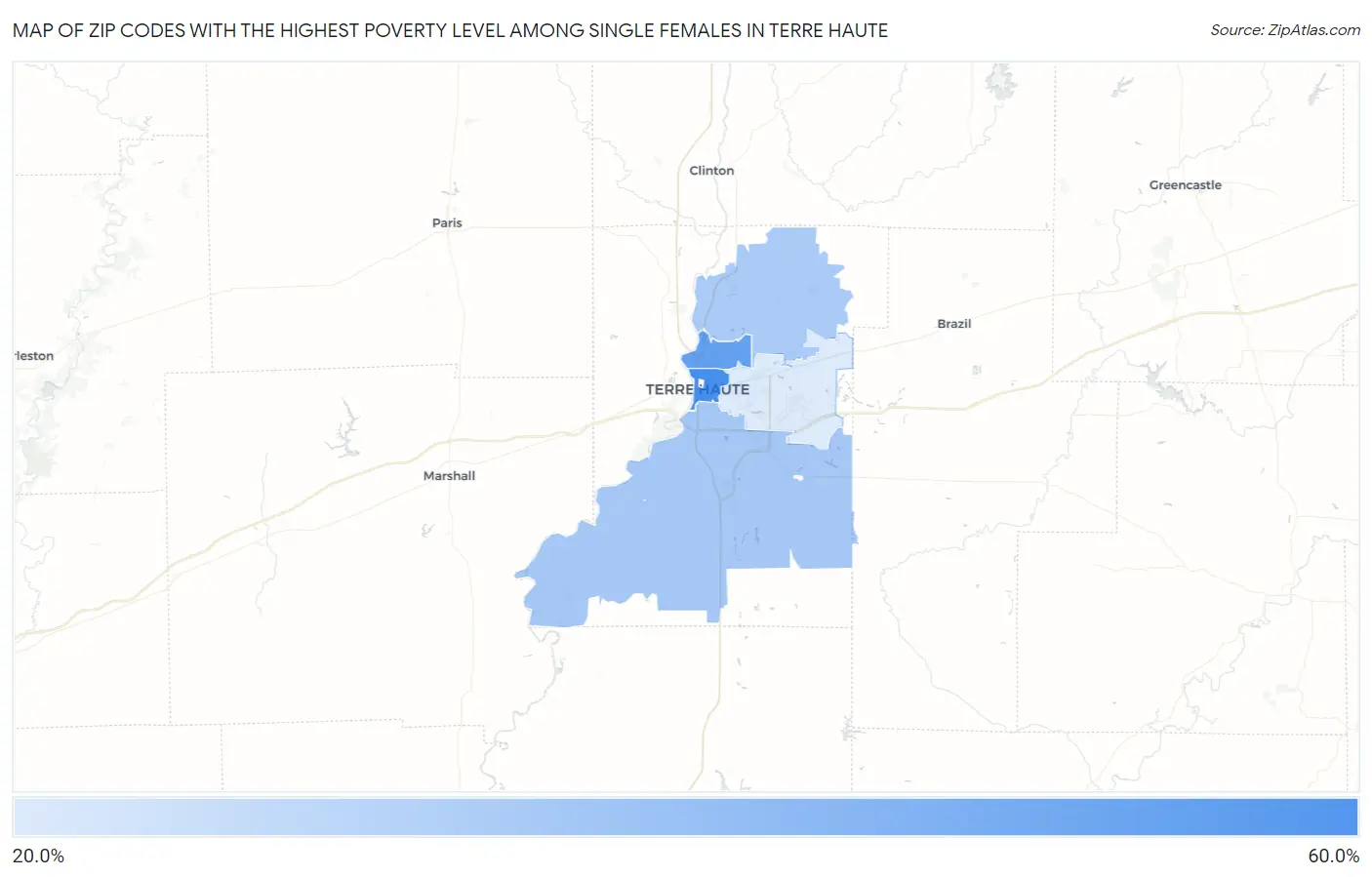 Zip Codes with the Highest Poverty Level Among Single Females in Terre Haute Map