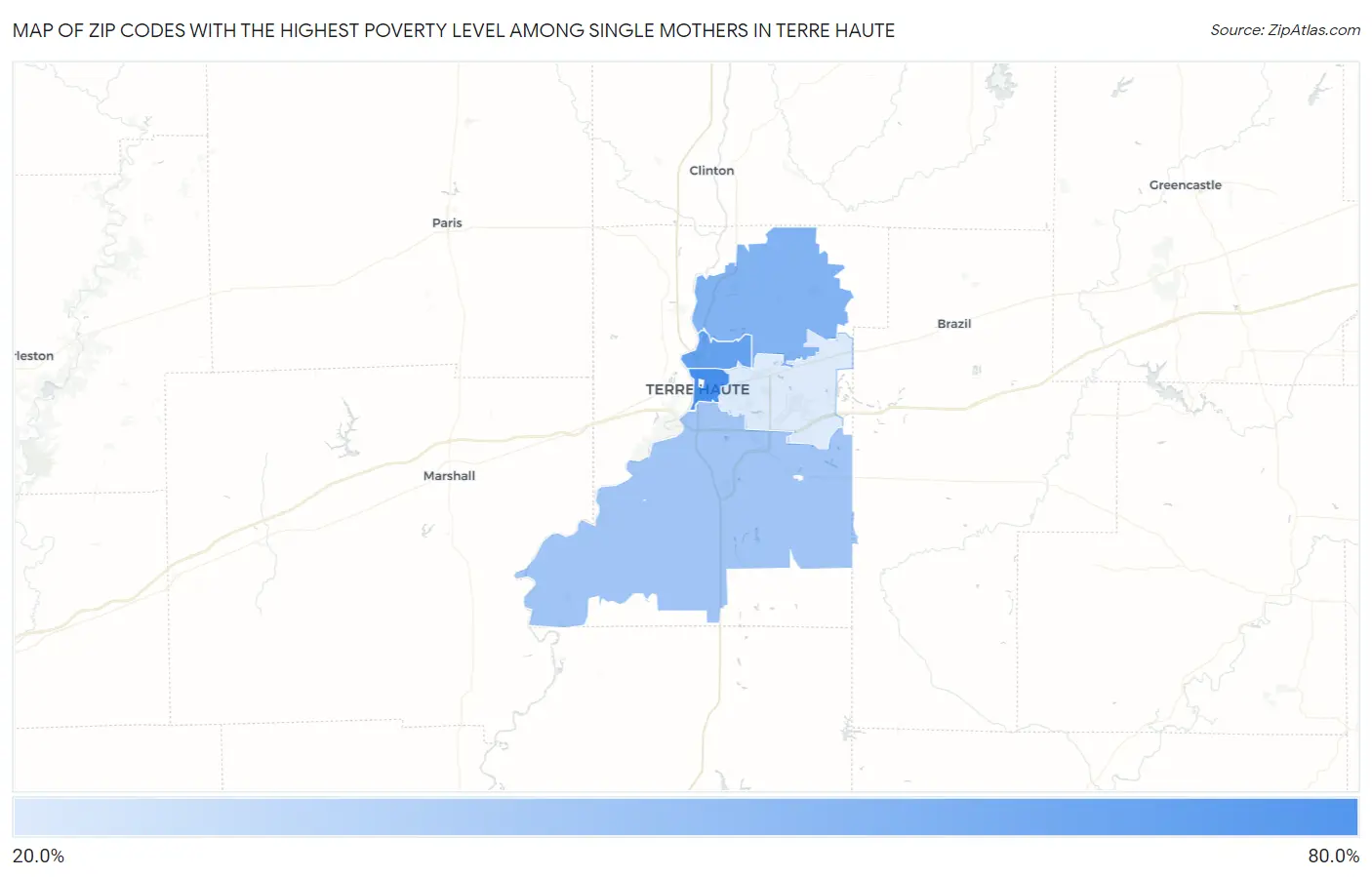 Zip Codes with the Highest Poverty Level Among Single Mothers in Terre Haute Map