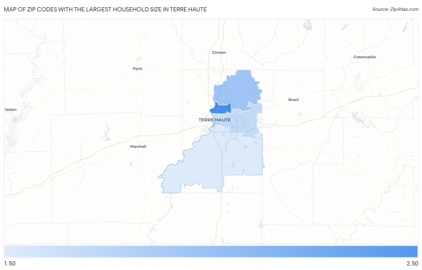 Zip Codes with the Largest Household Size in Terre Haute Map