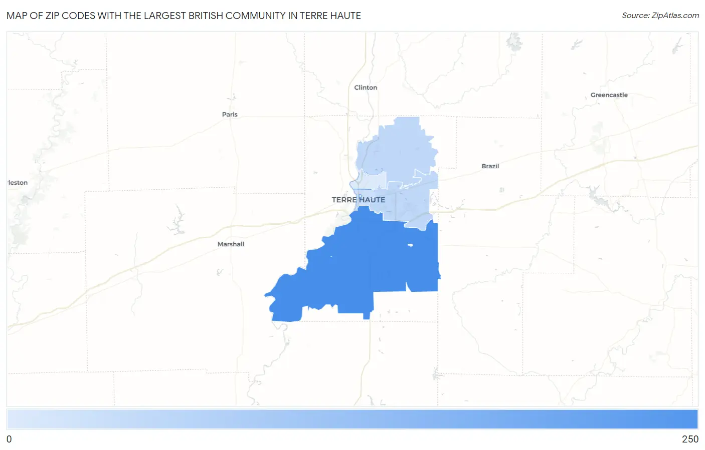 Zip Codes with the Largest British Community in Terre Haute Map