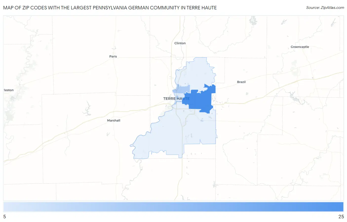 Zip Codes with the Largest Pennsylvania German Community in Terre Haute Map