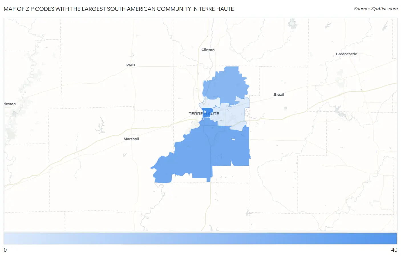 Zip Codes with the Largest South American Community in Terre Haute Map