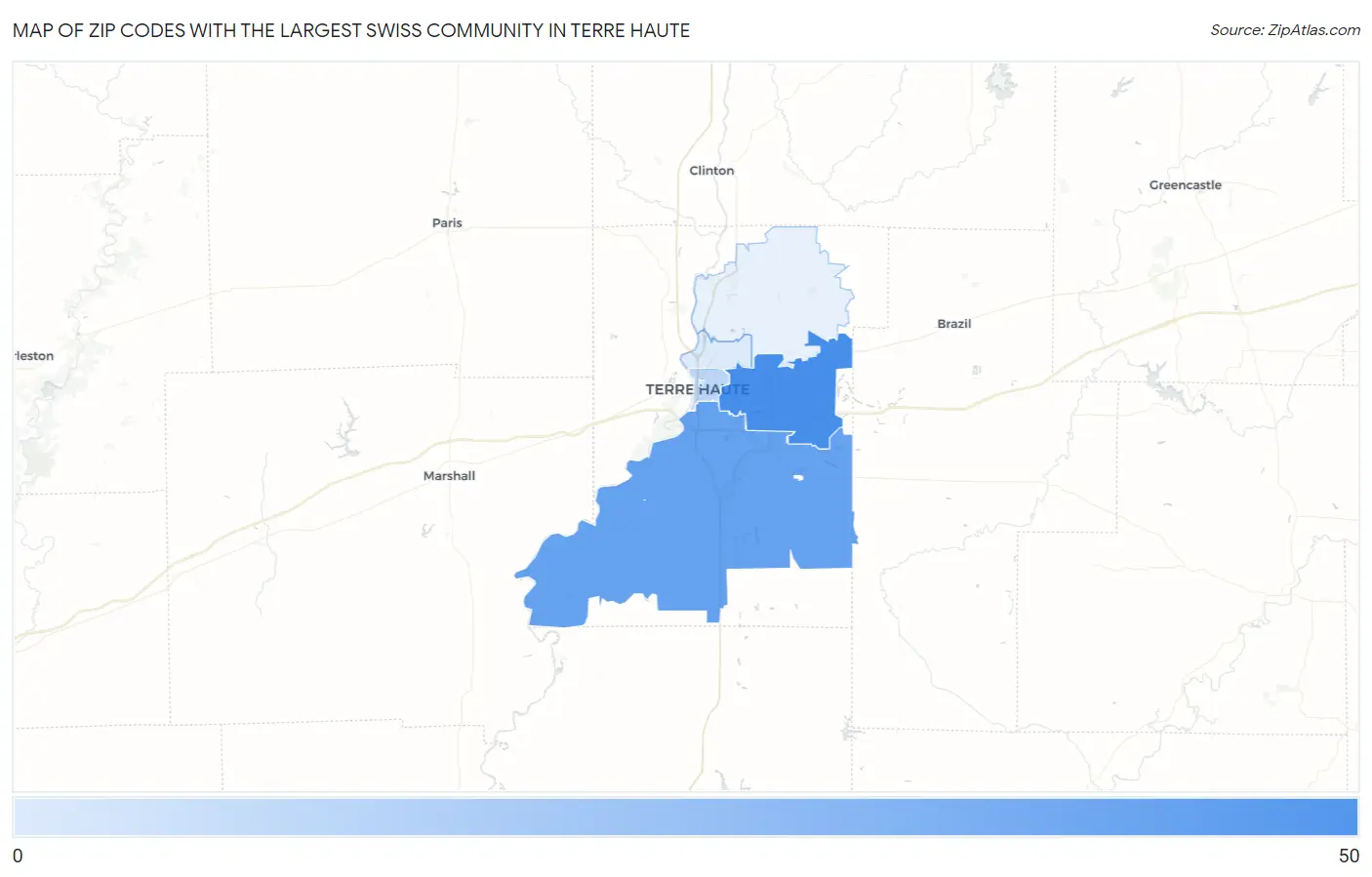 Zip Codes with the Largest Swiss Community in Terre Haute Map