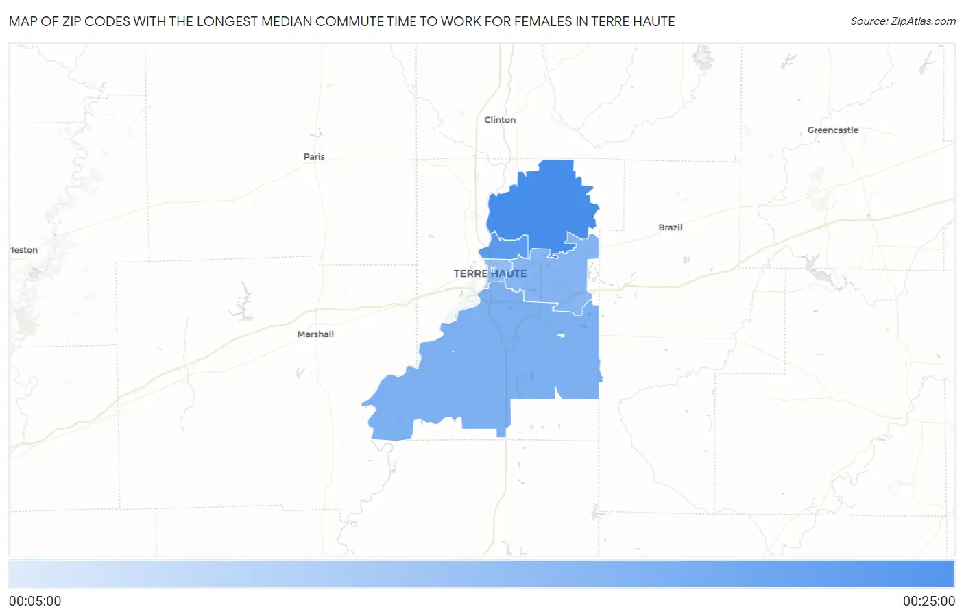 Zip Codes with the Longest Median Commute Time to Work for Females in Terre Haute Map