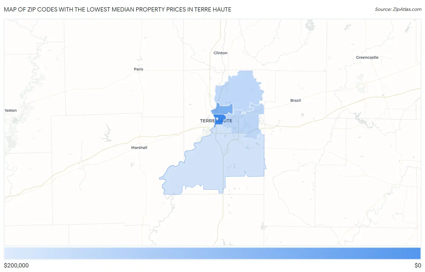 Zip Codes with the Lowest Median Property Prices in Terre Haute Map