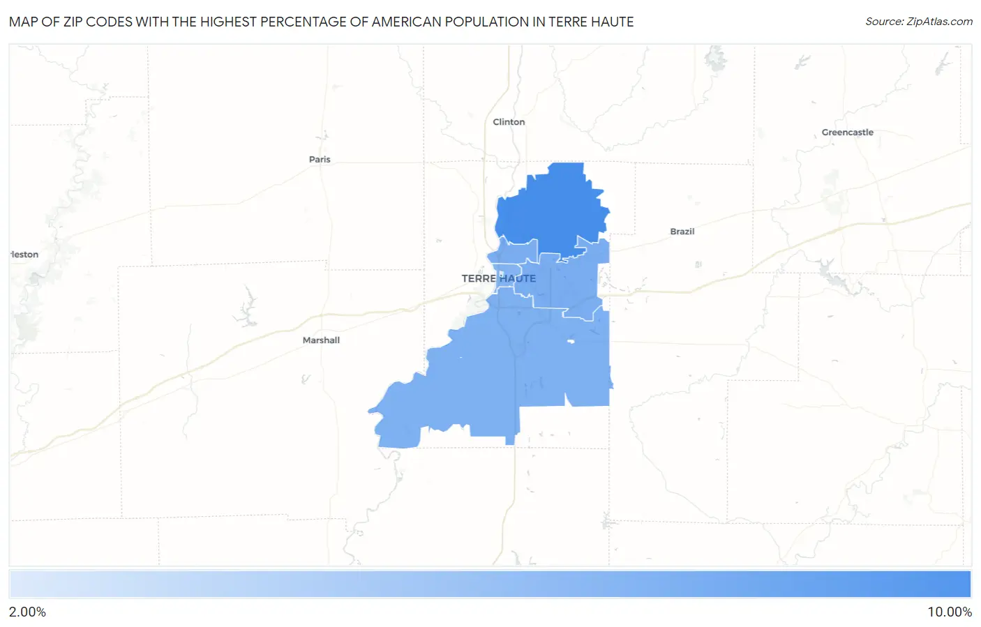 Zip Codes with the Highest Percentage of American Population in Terre Haute Map