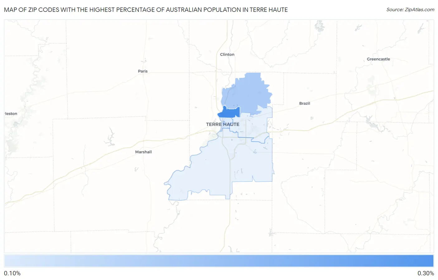Zip Codes with the Highest Percentage of Australian Population in Terre Haute Map