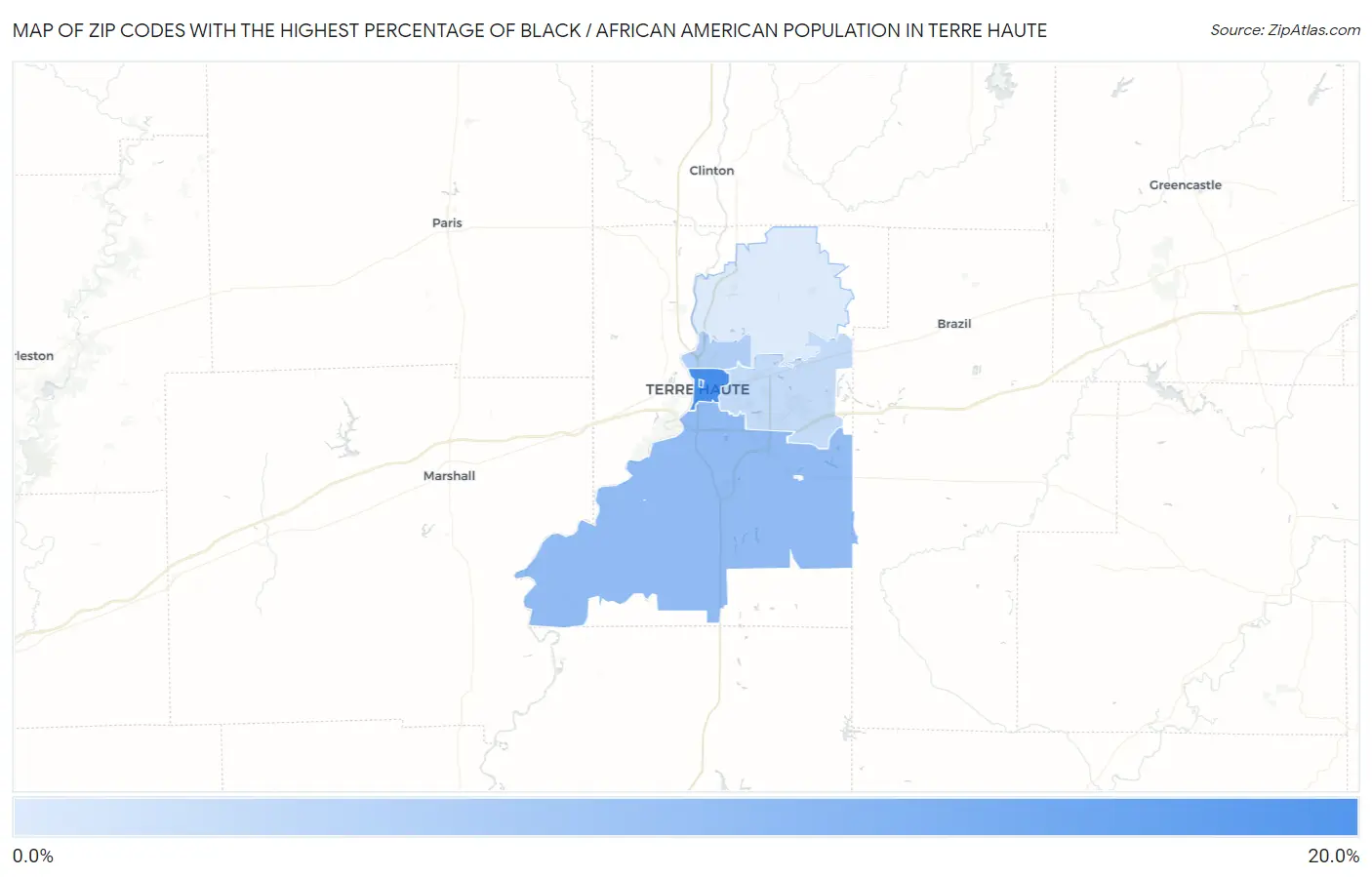 Zip Codes with the Highest Percentage of Black / African American Population in Terre Haute Map