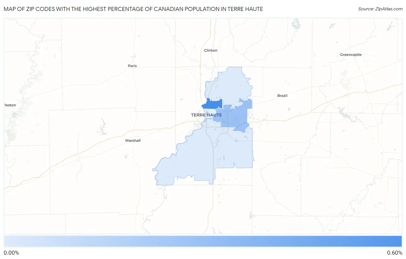 Zip Codes with the Highest Percentage of Canadian Population in Terre Haute Map