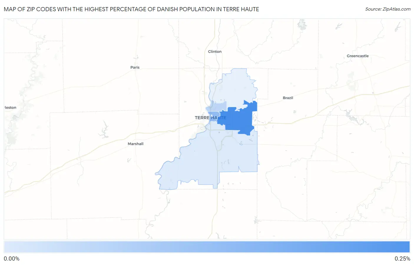 Zip Codes with the Highest Percentage of Danish Population in Terre Haute Map
