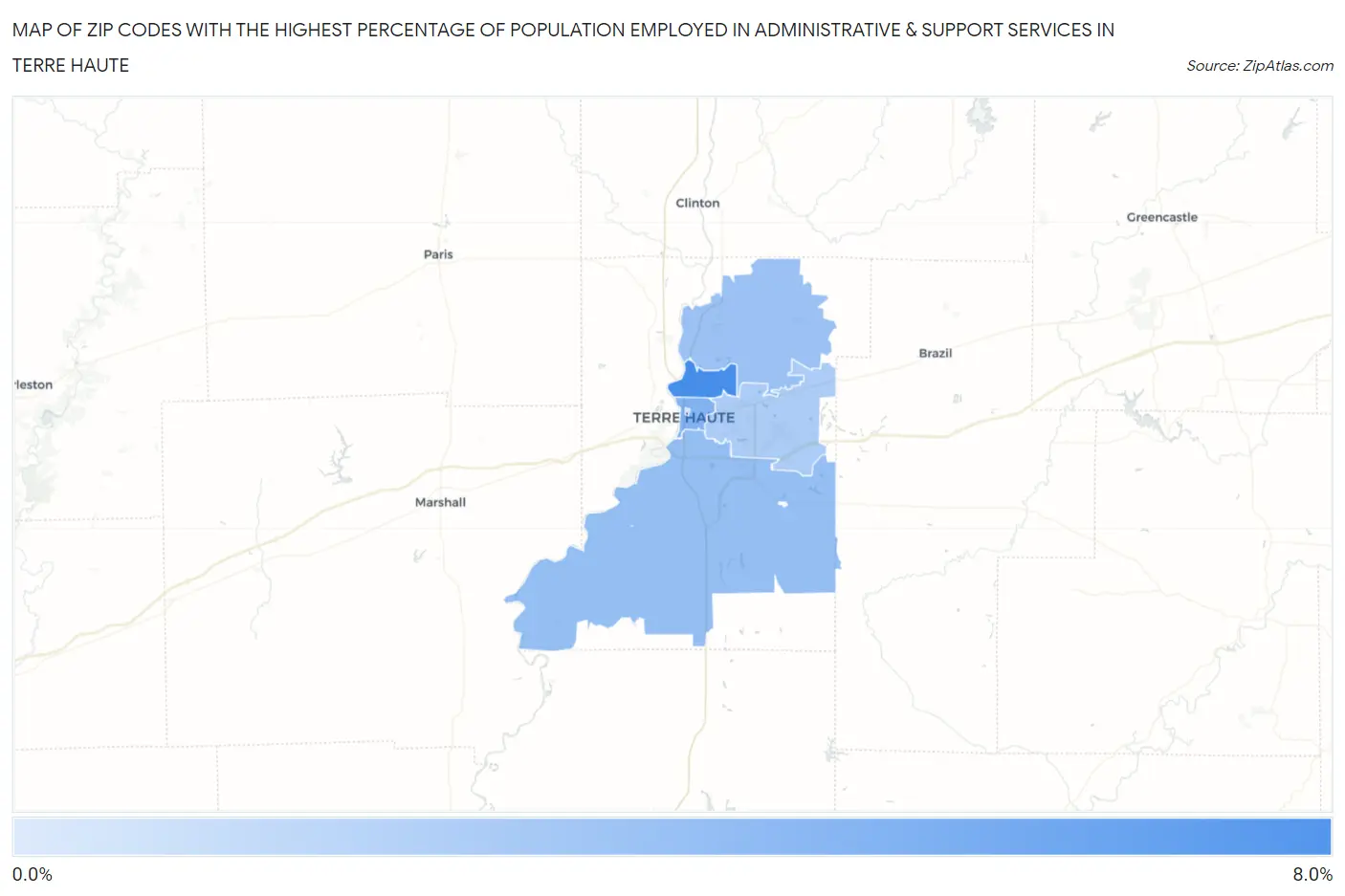 Zip Codes with the Highest Percentage of Population Employed in Administrative & Support Services in Terre Haute Map