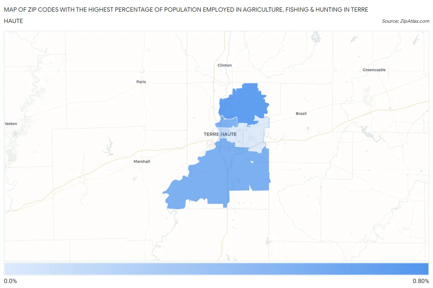 Zip Codes with the Highest Percentage of Population Employed in Agriculture, Fishing & Hunting in Terre Haute Map