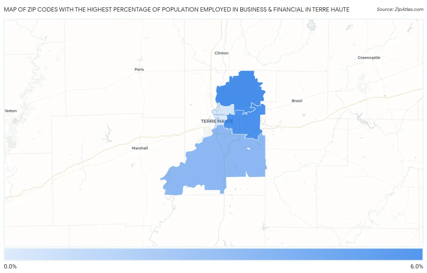 Zip Codes with the Highest Percentage of Population Employed in Business & Financial in Terre Haute Map