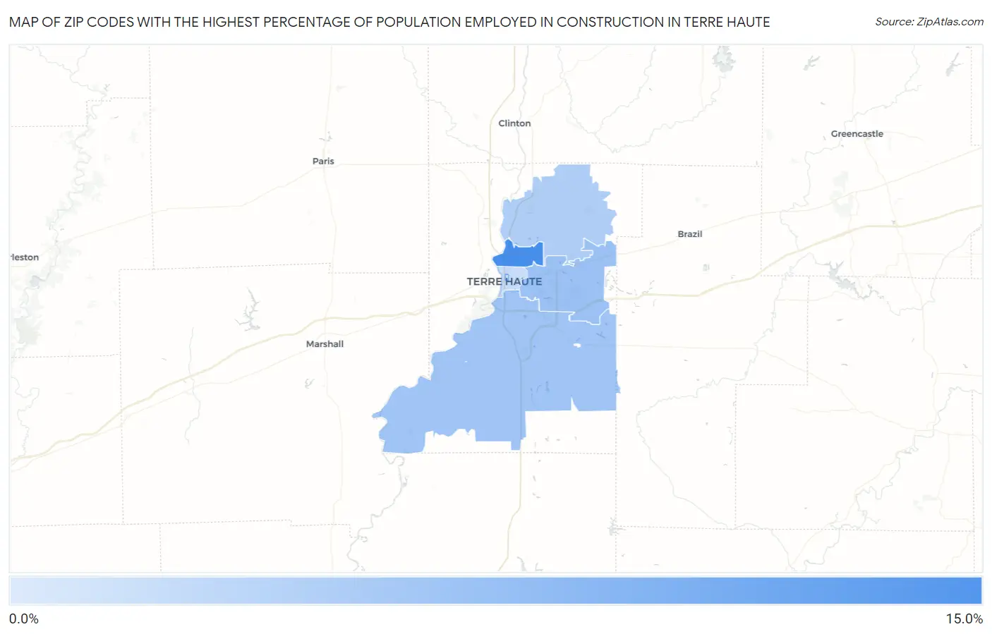 Zip Codes with the Highest Percentage of Population Employed in Construction in Terre Haute Map