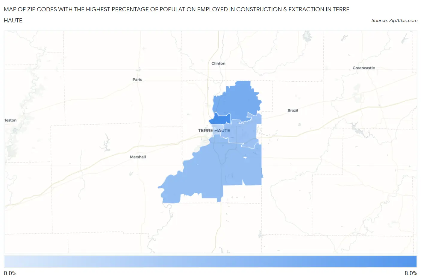 Zip Codes with the Highest Percentage of Population Employed in Construction & Extraction in Terre Haute Map