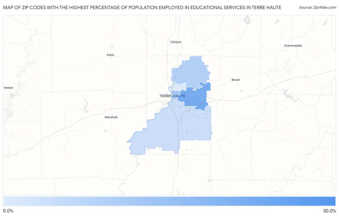 Zip Codes with the Highest Percentage of Population Employed in Educational Services in Terre Haute Map