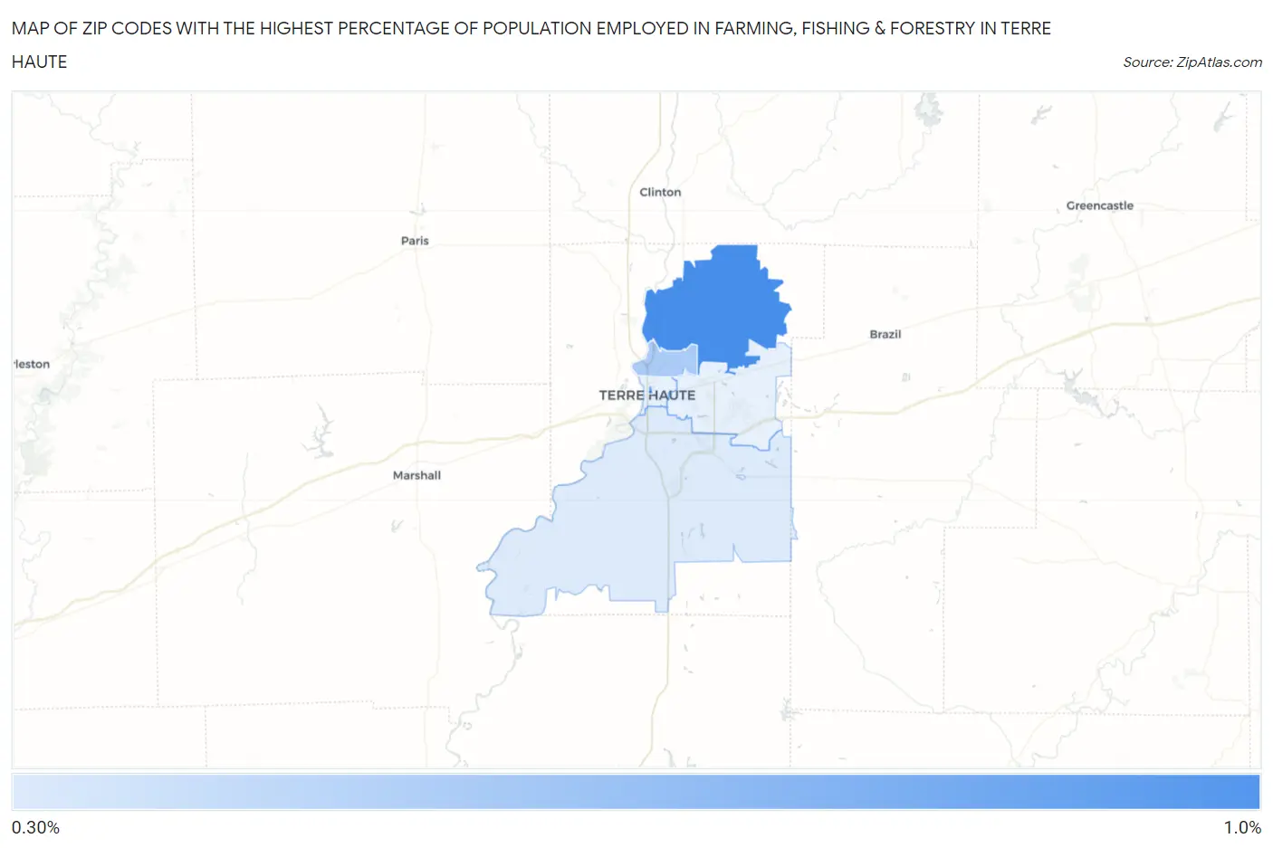 Zip Codes with the Highest Percentage of Population Employed in Farming, Fishing & Forestry in Terre Haute Map