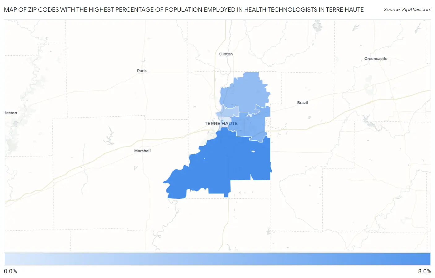 Zip Codes with the Highest Percentage of Population Employed in Health Technologists in Terre Haute Map