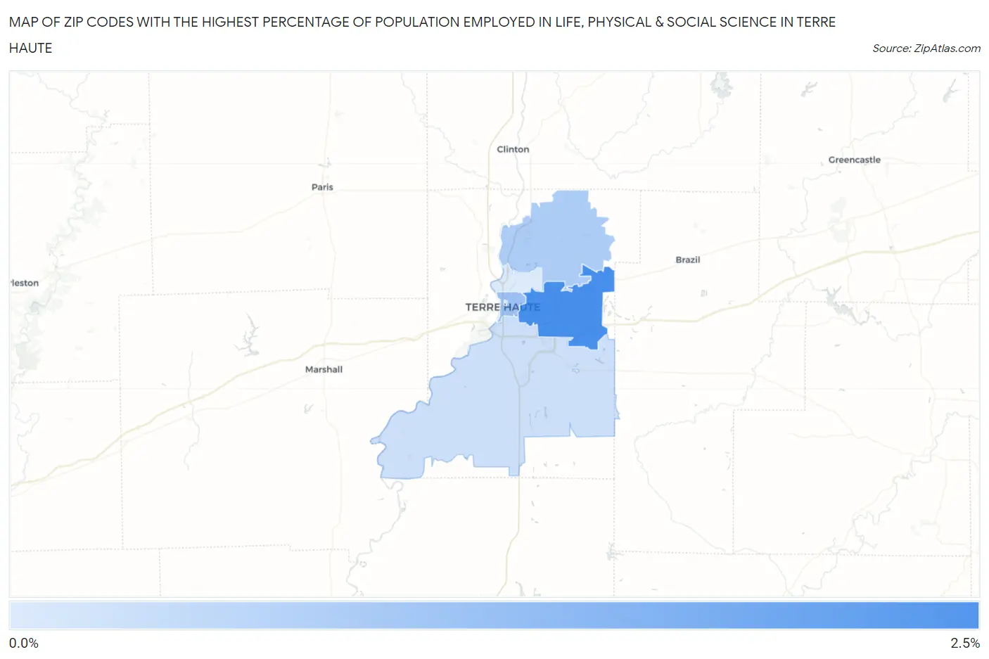 Zip Codes with the Highest Percentage of Population Employed in Life, Physical & Social Science in Terre Haute Map