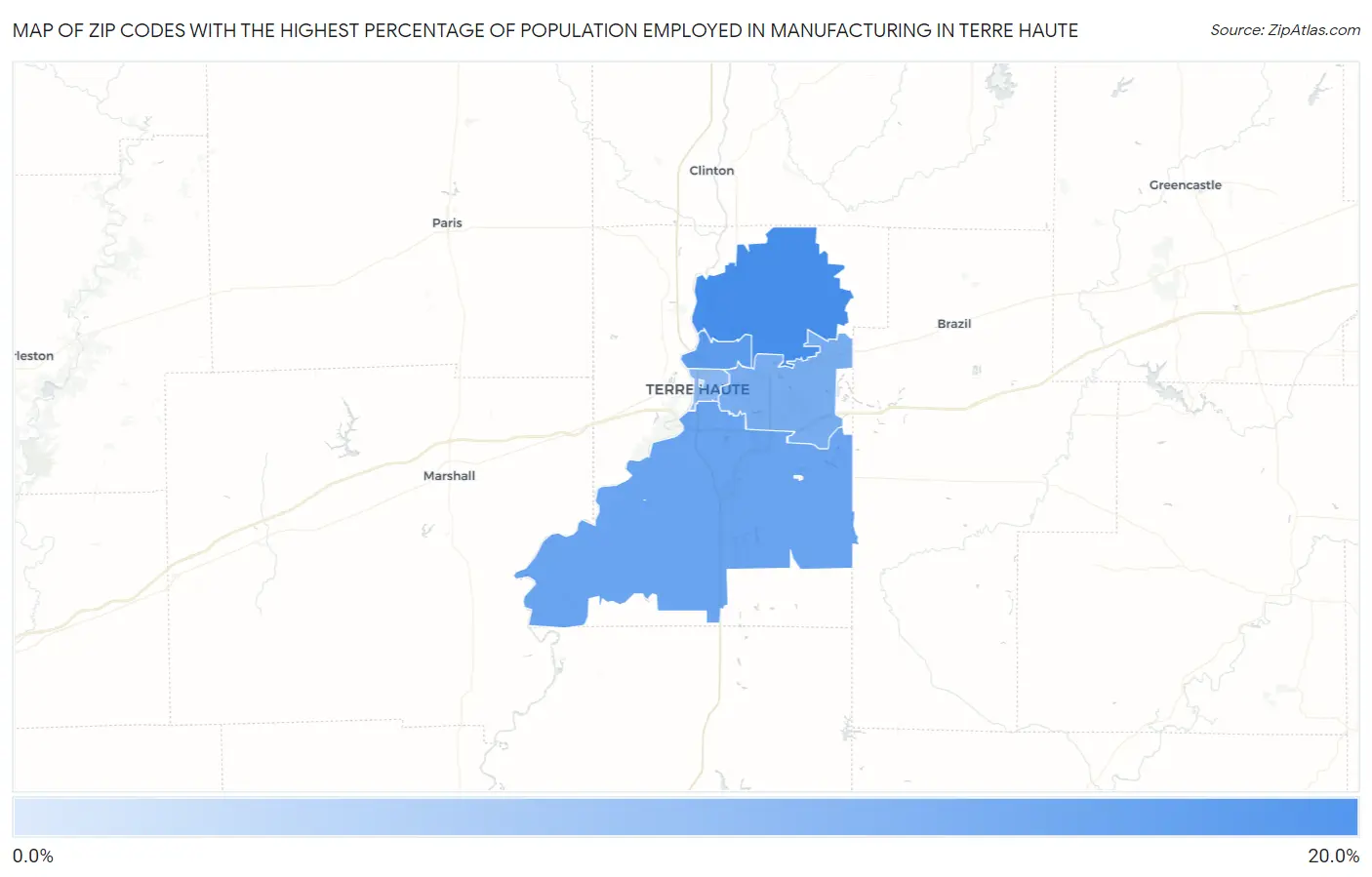 Zip Codes with the Highest Percentage of Population Employed in Manufacturing in Terre Haute Map