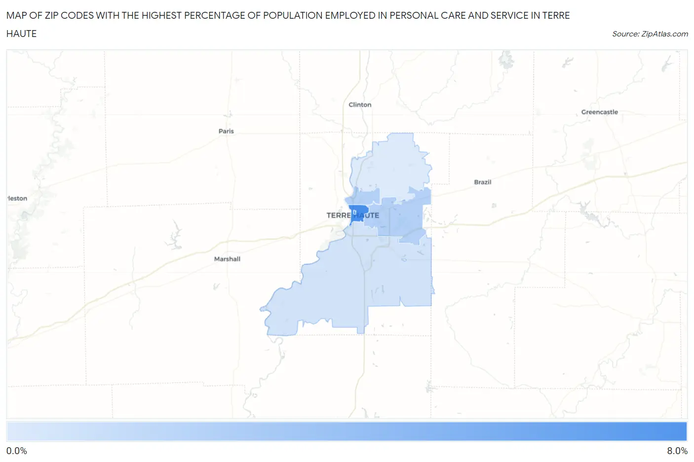 Zip Codes with the Highest Percentage of Population Employed in Personal Care and Service in Terre Haute Map