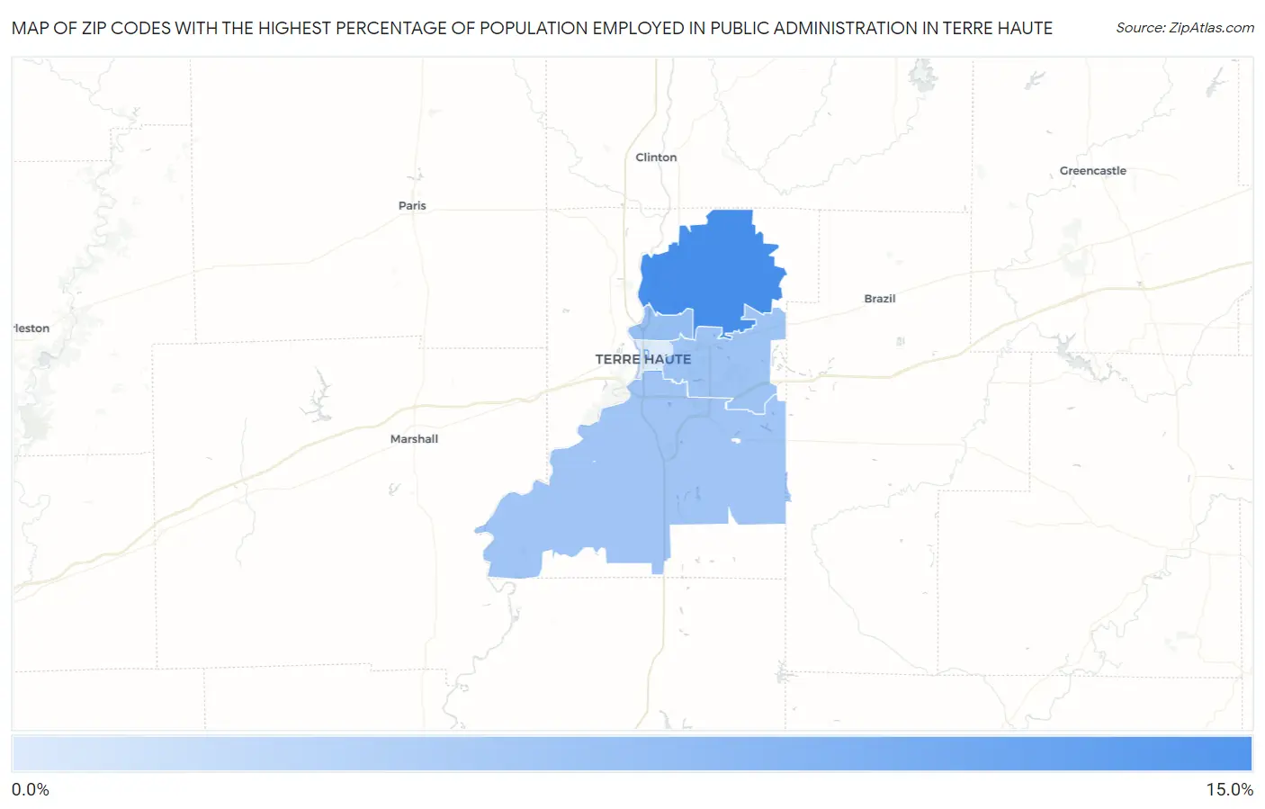 Zip Codes with the Highest Percentage of Population Employed in Public Administration in Terre Haute Map